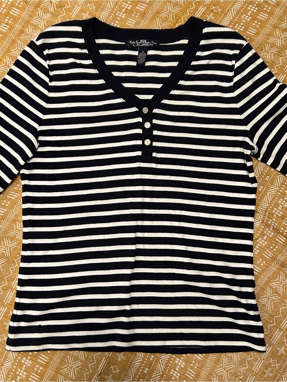 Ralph Lauren Black and White Striped Henley Quarter Sleeve.